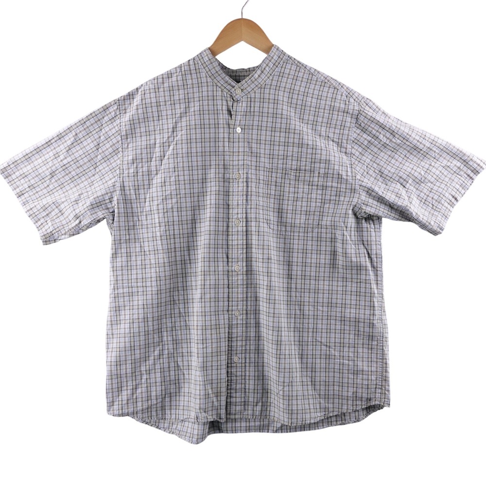 Vintage Eddie Bauer‎ Mens L Plaid Band Collar Short Sleeve Button Up Shirt Y2K